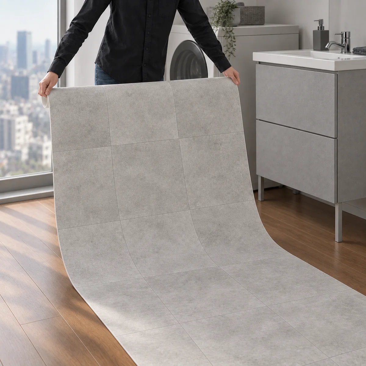 コンクリート調のクッションフロアを広げた室内