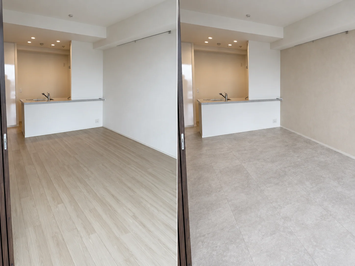 お部屋の写真から、床と壁紙が変わったCG（左：いま／右：試着後）